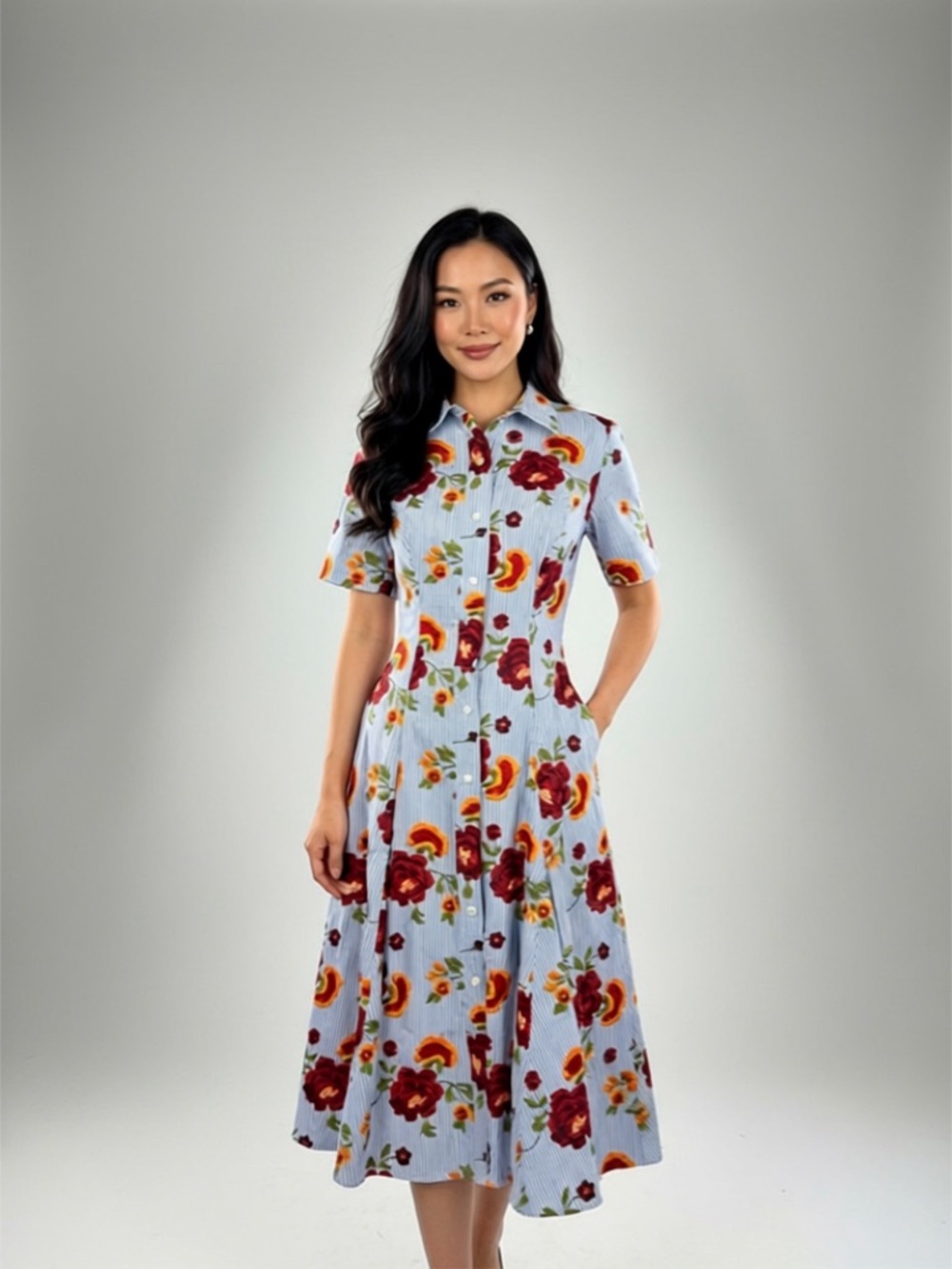 Dress the Population Light Blue Floral Midi Shirt Dress with Red & Yellow Blooms